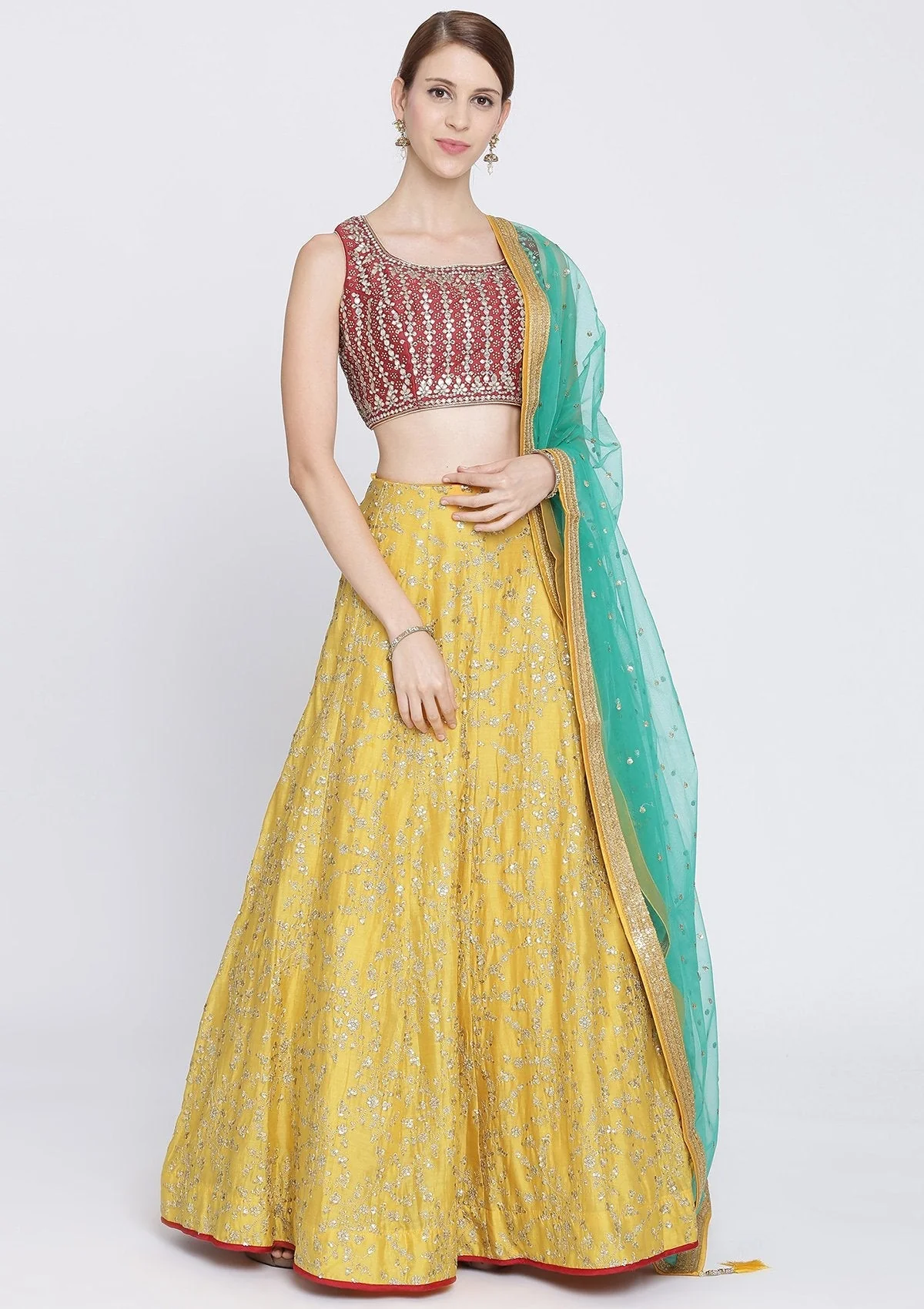 Yellow Sequins Rawsilk Readymade Lehenga - Image 3