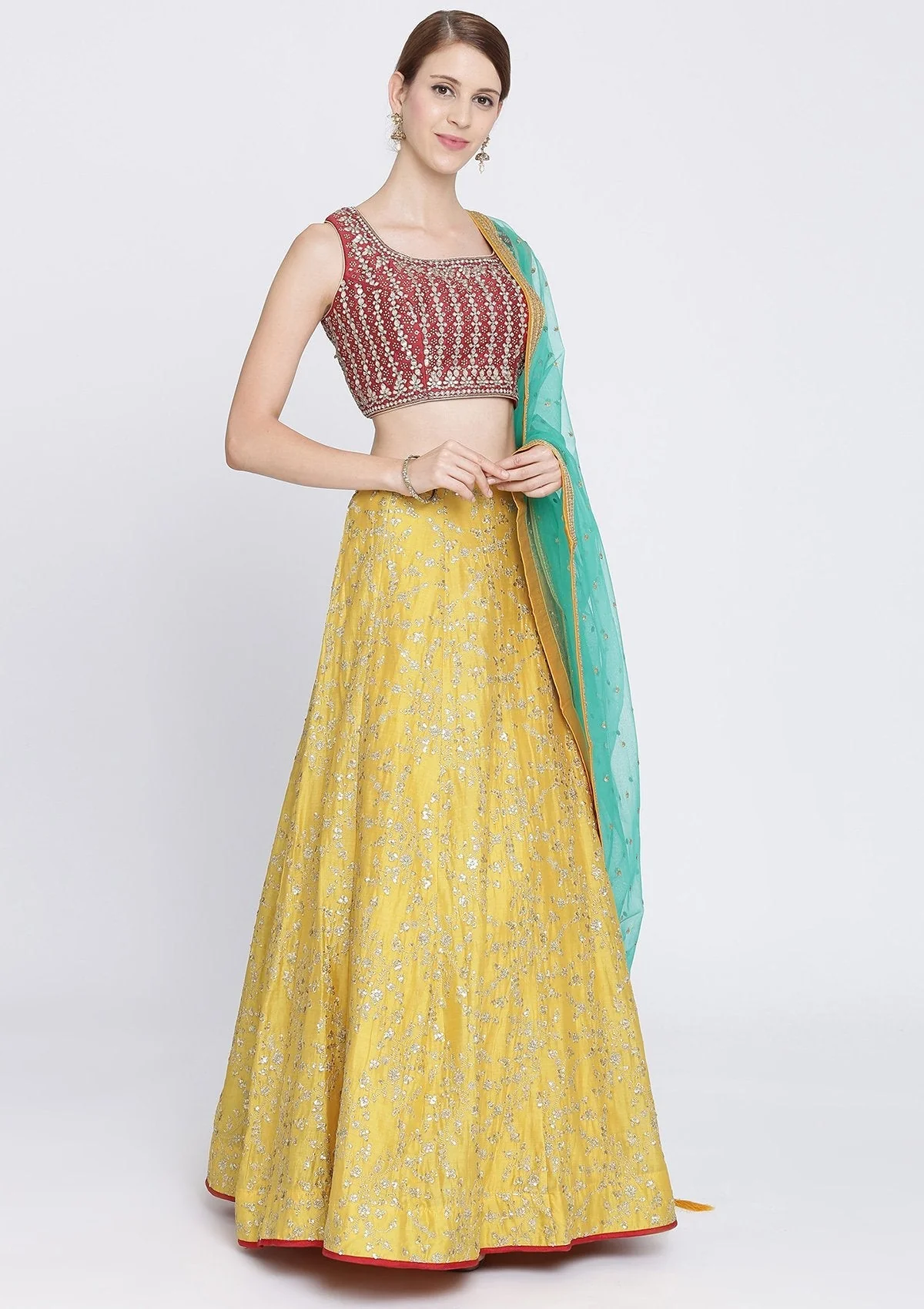 Yellow Sequins Rawsilk Readymade Lehenga - Image 4