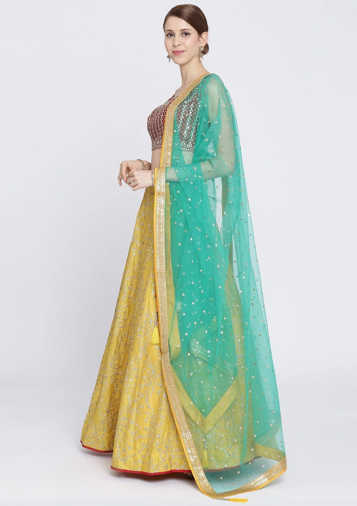 Yellow Sequins Rawsilk Readymade Lehenga - Image 5