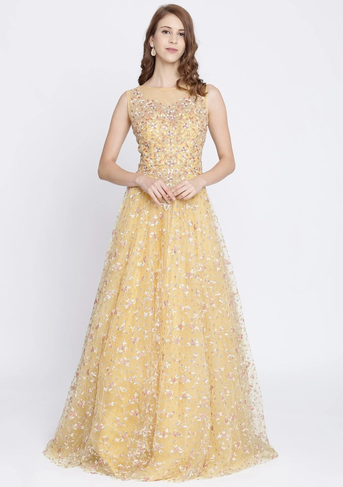 Yellow Zariwork Net Designer Gown - Image 3
