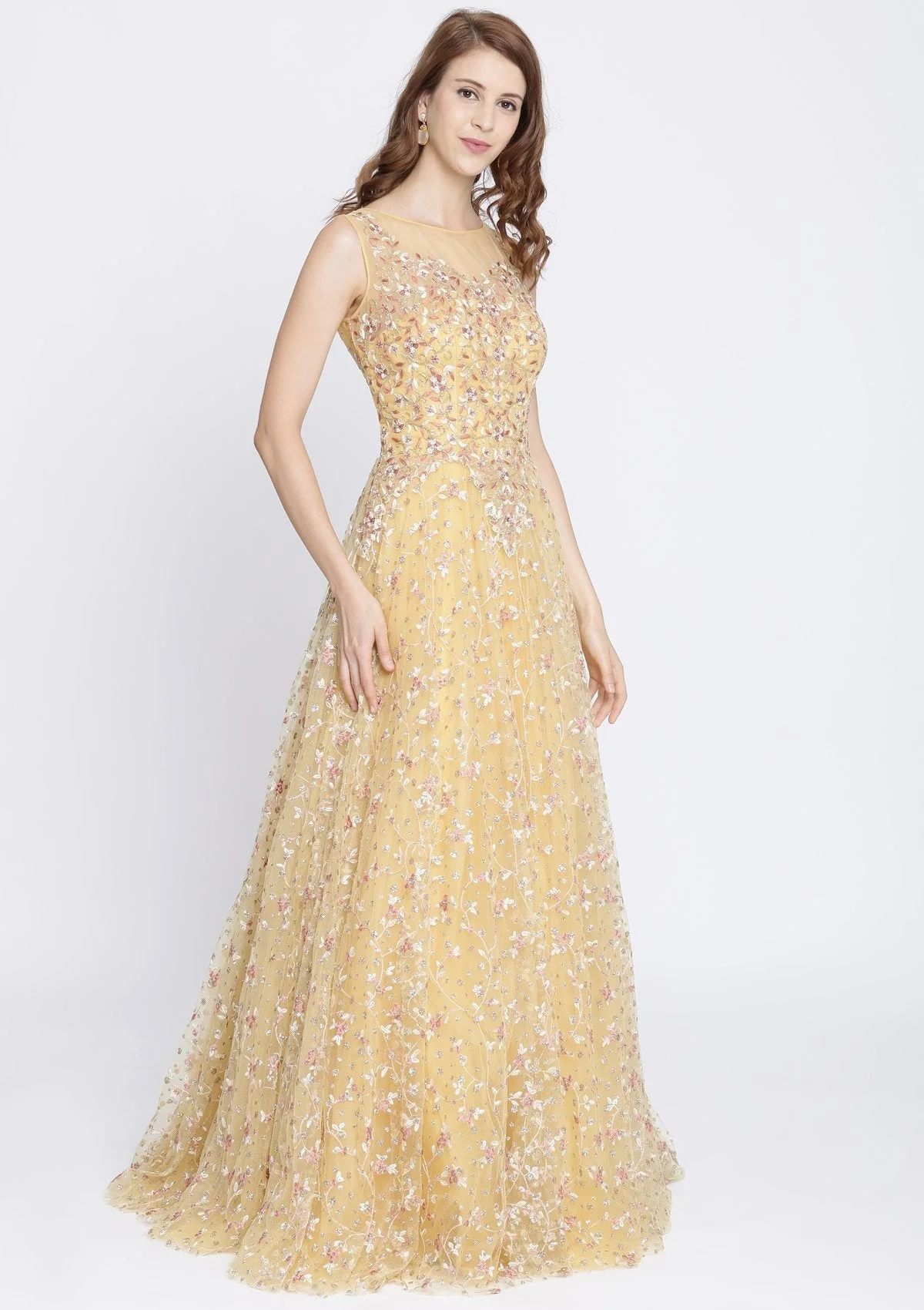Yellow Zariwork Net Designer Gown - Image 5